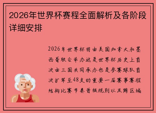 2026年世界杯赛程全面解析及各阶段详细安排 2026年世界杯赛程全面解析及各阶段详细安排